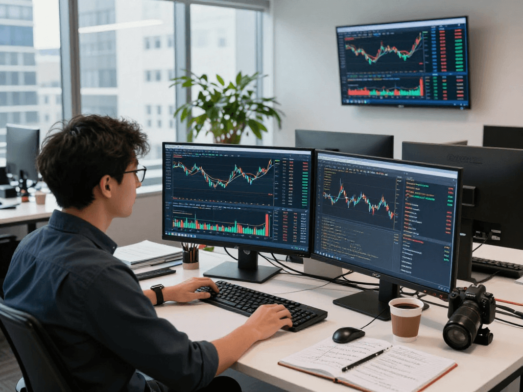 Developer analyzing forex backtesting data in a modern trading office with multiple screens.