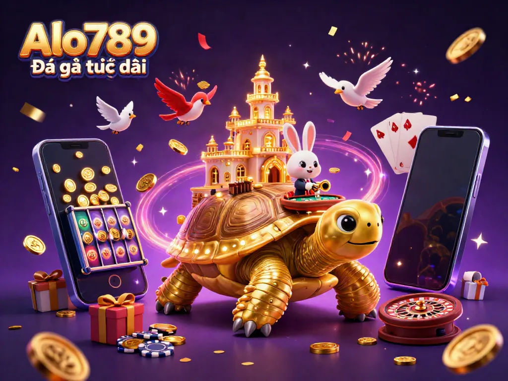 Alo789 Đá gà trực tiếp showcases a lively casino scene with a golden tortoise and dealer amidst confetti and dynamic game elements.