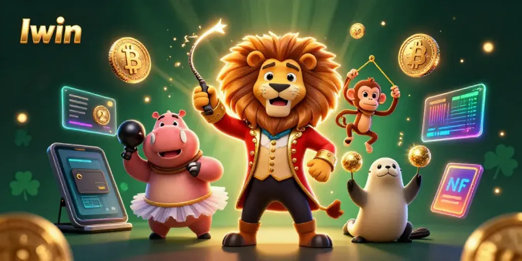 Iwin's vibrant circus scene features dynamic characters celebrating gambling wins with digital coins.