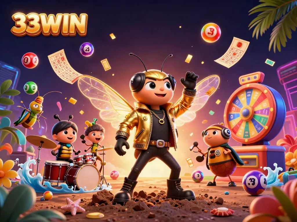 Experience the excitement of 33WIN with a vibrant casino scene featuring dynamic lottery elements and lively characters.