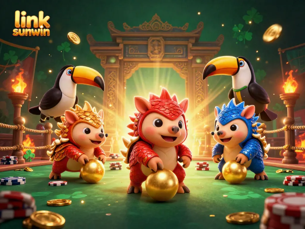 Experience the excitement of link sunwin with rival pangolins bowling through poker chips in a vibrant casino scene.