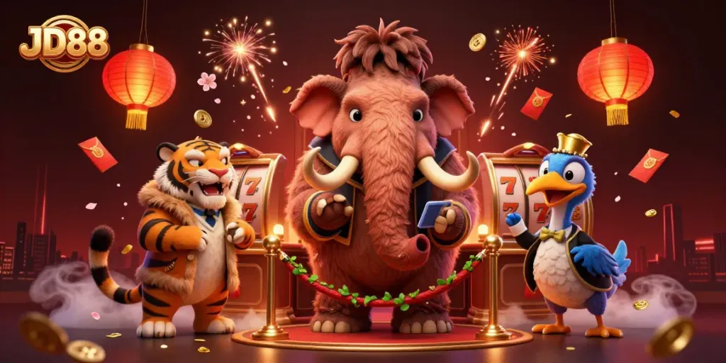 JD88 casino scene featuring a woolly mammoth bouncer, a saber-tooth tiger guest, and a dodo doorman surrounded by slot reels.
