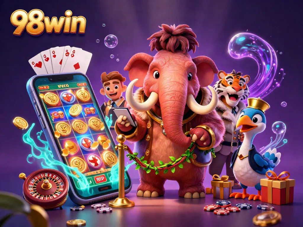 Experience the excitement of 98win's dynamic casino scene with vibrant characters and games.