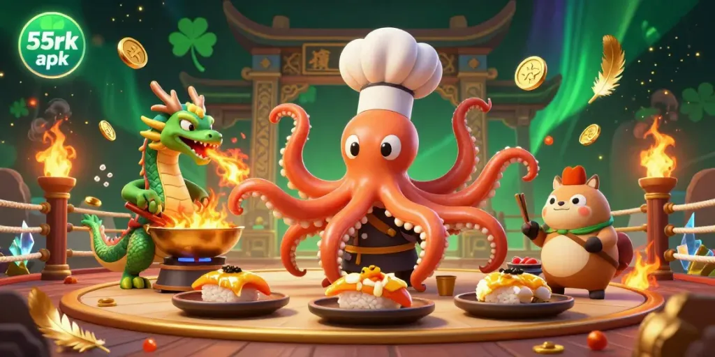 Exciting 55rk apk scene featuring a sushi chef octopus and a dragon in a gold-themed gambling arena.
