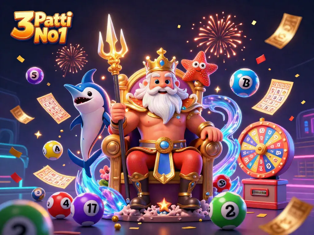 3 Patti No1 illustration showcasing players engaging in vibrant lottery and gaming activities, surrounded by colorful balls and dynamic prizes.