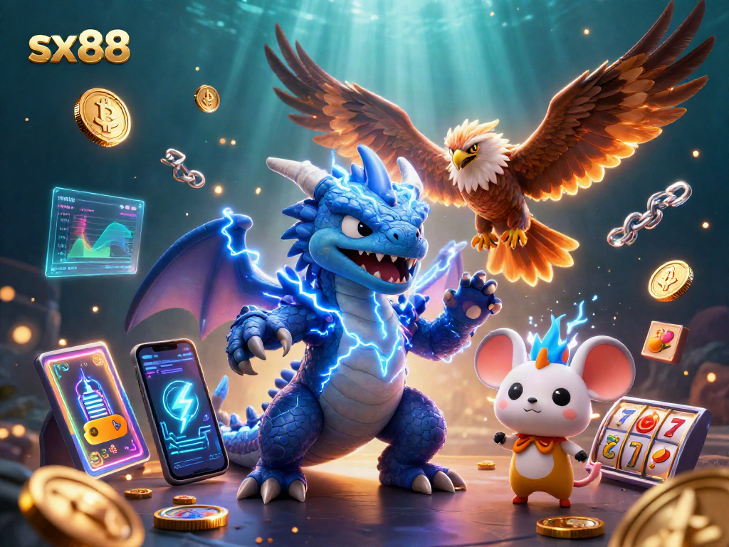 Engage in thrilling gameplay with sx88, featuring a bright dragon and crypto symbols.
