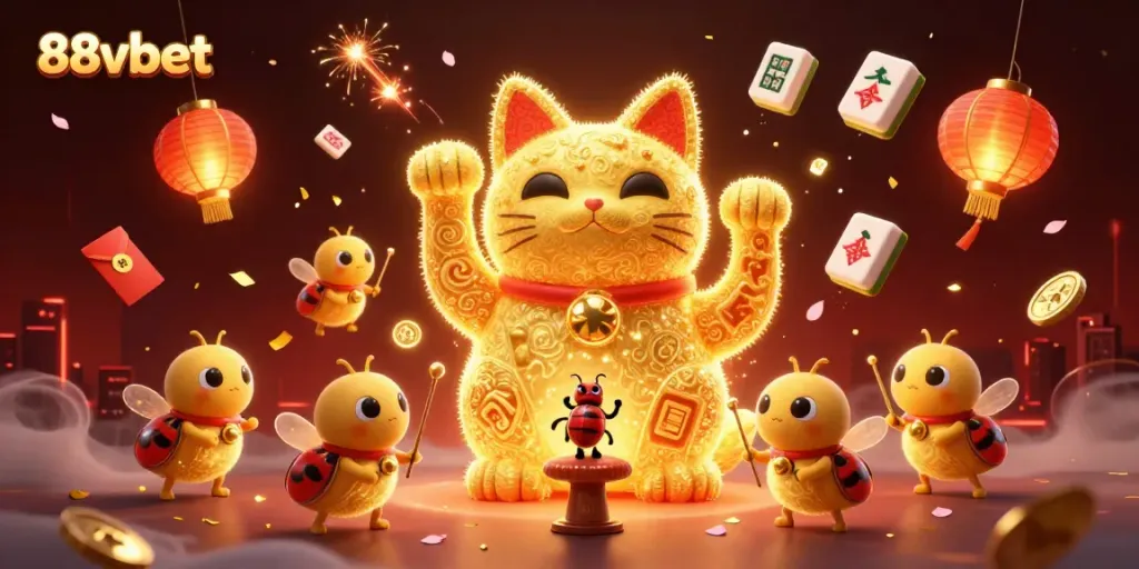 Engage with 88vbet's thrilling online casino world featuring a giant lucky cat and festive symbols.