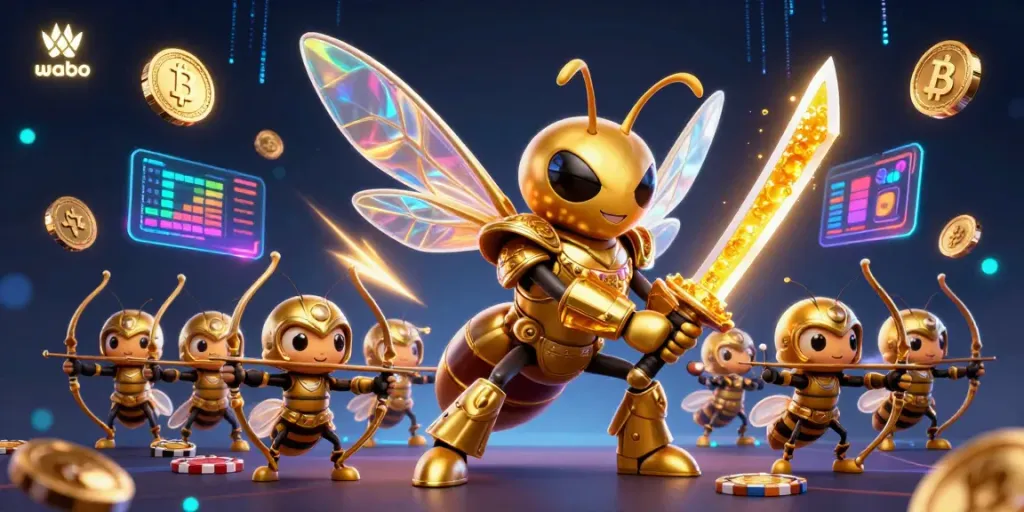 Engage with exciting online gambling at Wabo, featuring a samurai hornet amidst vibrant gaming elements.