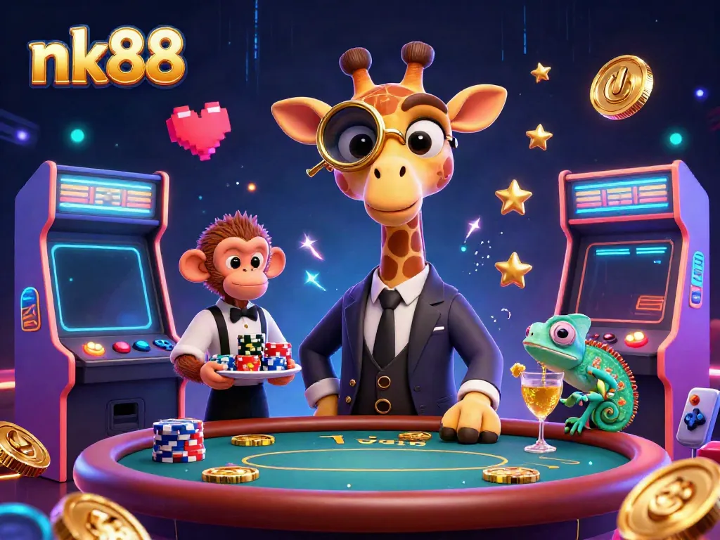 Bet on nk88 with a high-roller giraffe, monkey valet, and chameleon bartender in a vibrant 3D casino.