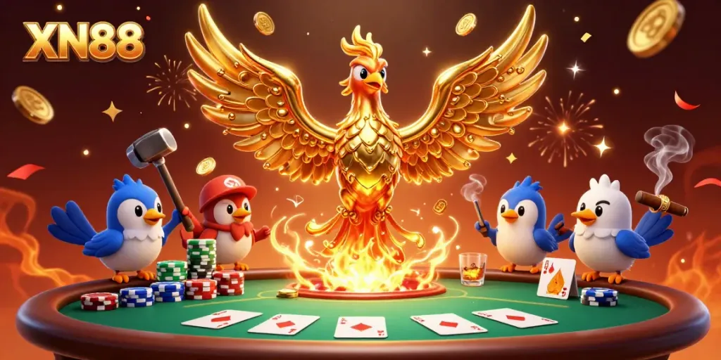Experience winning strategies with XN88's vibrant 3D casino scene showcasing a golden phoenix and poker elements.