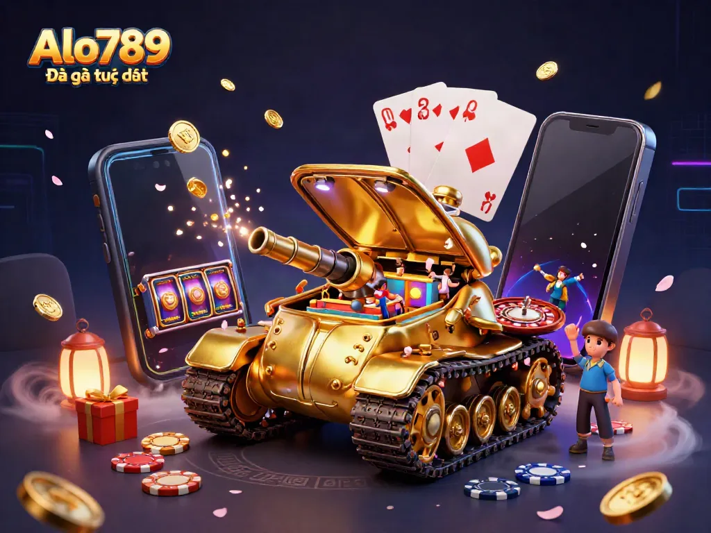 Alo789 Đá gà trực tiếp showcases a vibrant 3D casino scene with a golden beetle tank revealing mini-games.