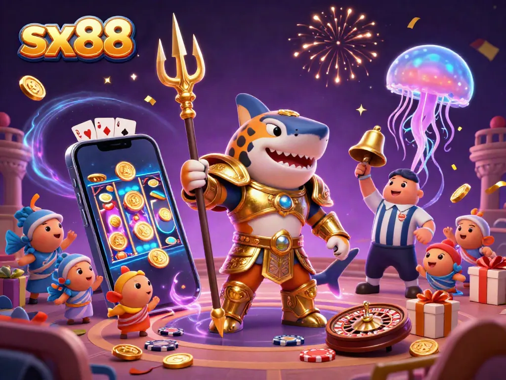 Experience the thrill of sx88 with an underwater casino battle featuring a tiger shark and festive elements.