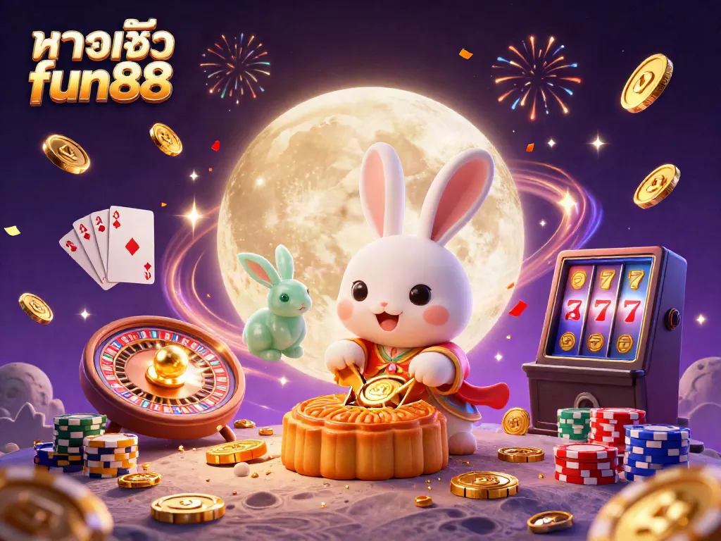 Experience excitement with ทางเข้า fun88 through a vivid 3D scene filled with casino elements and fun characters.