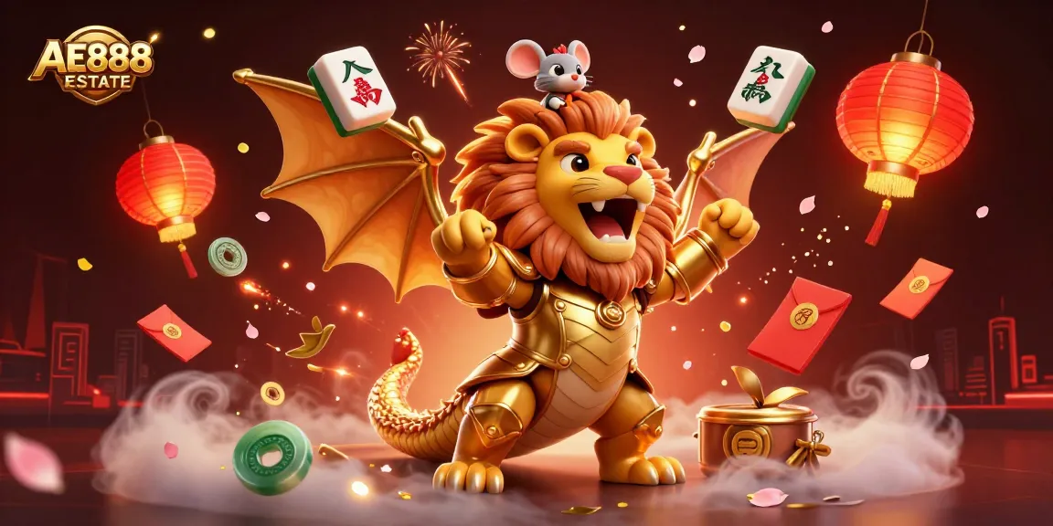 Experience the excitement of AE888 ESTATE with a vibrant 3D scene featuring a majestic chimera and festive gambling elements.