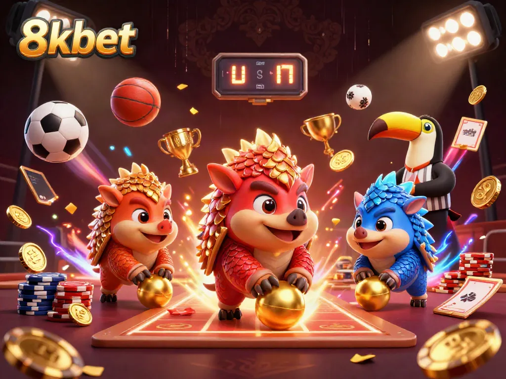 Experience thrilling gameplay with 8xbet as rival pangolins roll into golden balls amid poker chips and sports elements.