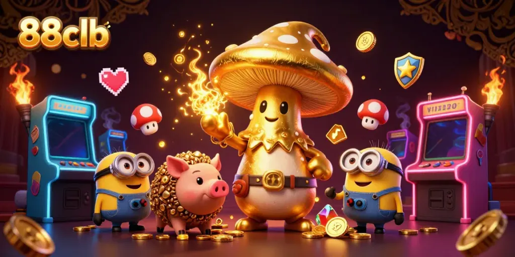 Experience the magic of 88clb with a golden mushroom wizard and treasures in a vibrant casino scene.