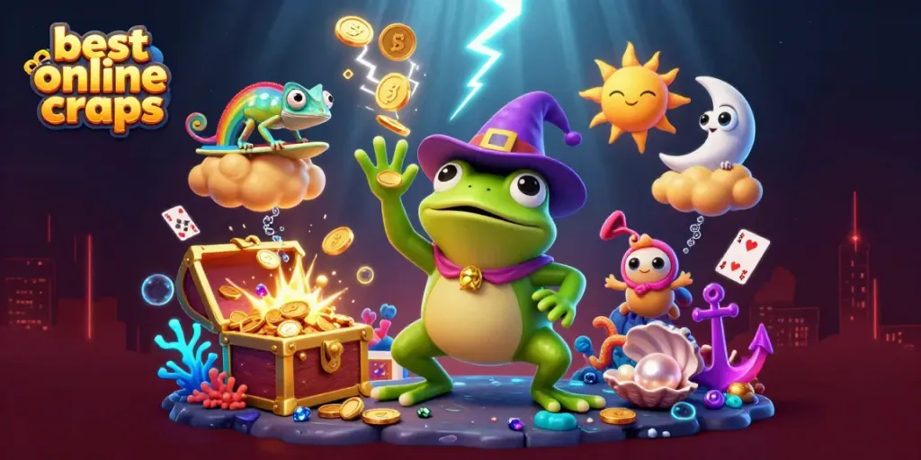 Experience the best online craps with a whimsical storm of golden coins, playful characters, and vibrant casino elements.
