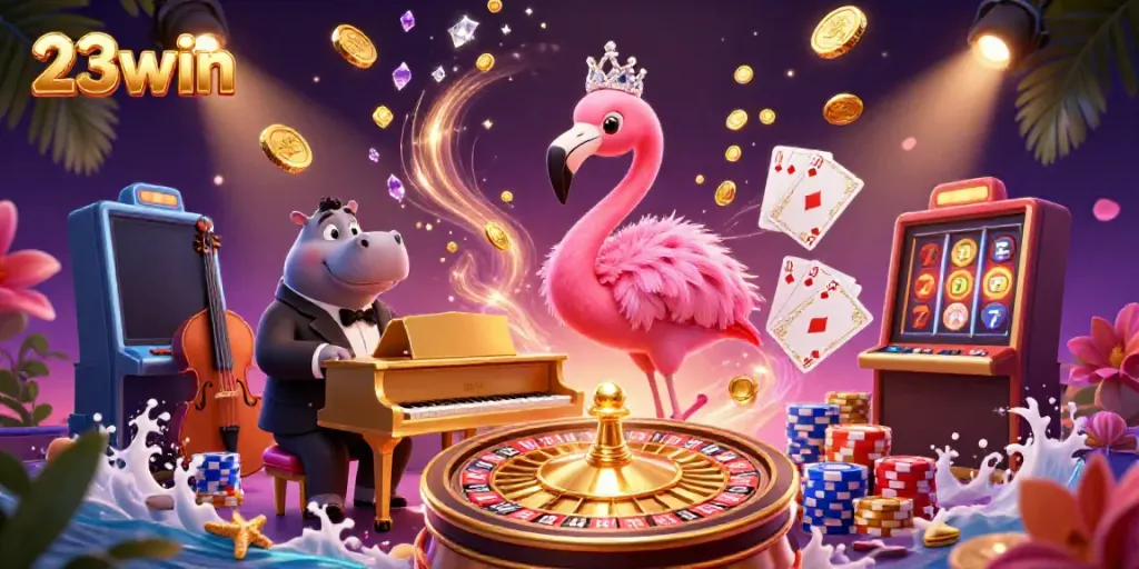 Experience the vibrant world of 23win casino with a lively 3D scene featuring glamorous characters and casino elements.