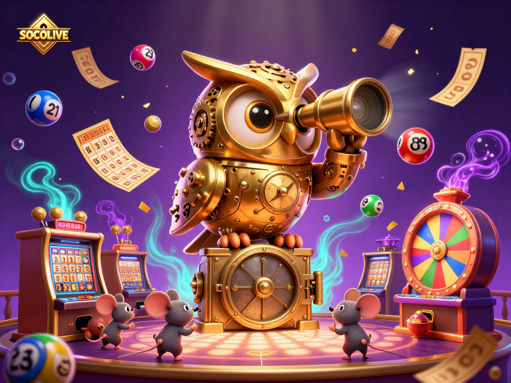 SOCOLIVE engages viewers with a dynamic casino scene, featuring a golden owl and whimsical mice amidst vibrant game elements.