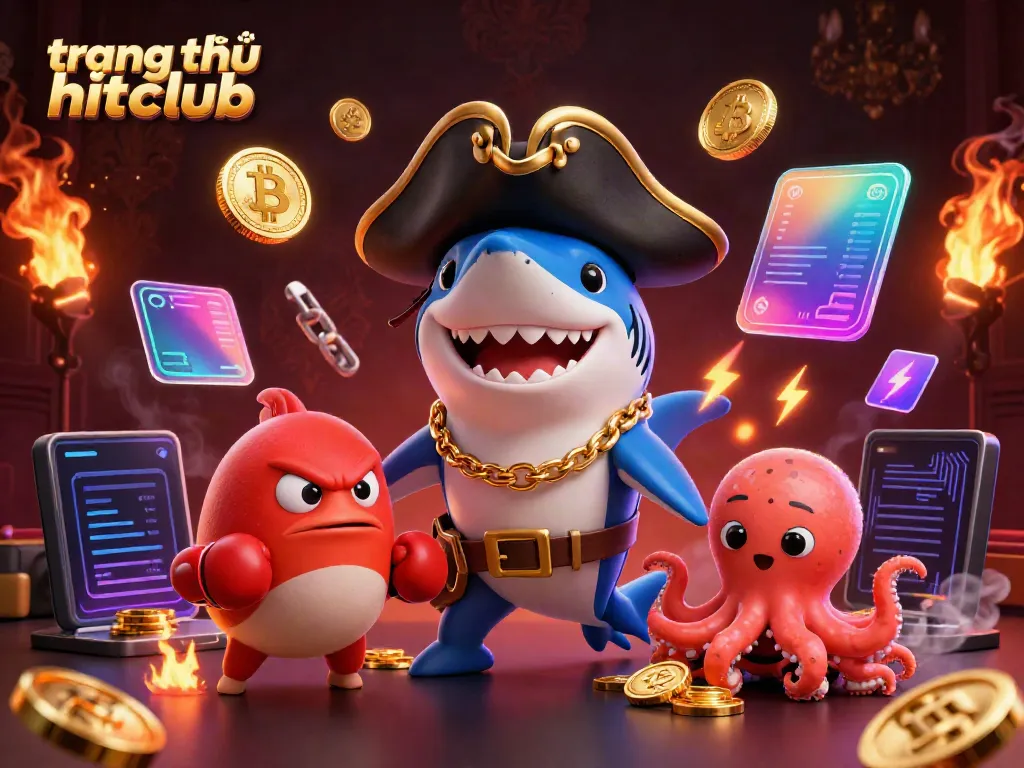 Engage with addictive fun on trang chủ hitclub featuring vibrant 3D illustration of a shark pirate, pufferfish, and octopus.