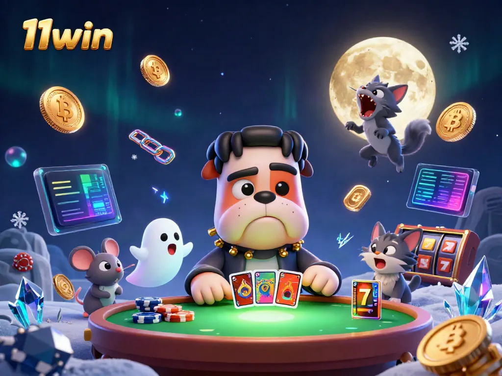 Play casino games with 11win, featuring cartoon characters, chips, and vibrant gaming environment.