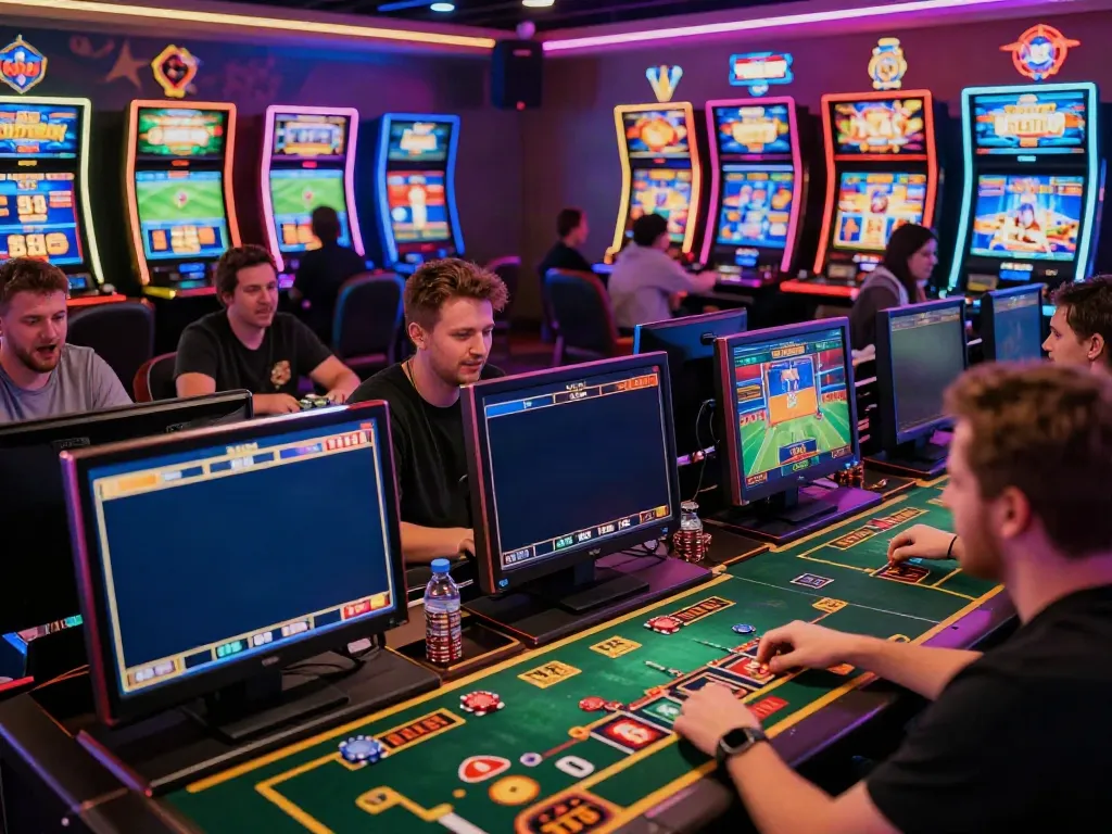Engaging online gaming experience at FABET, showcasing diverse players immersed in vibrant casino games and sports betting activities.