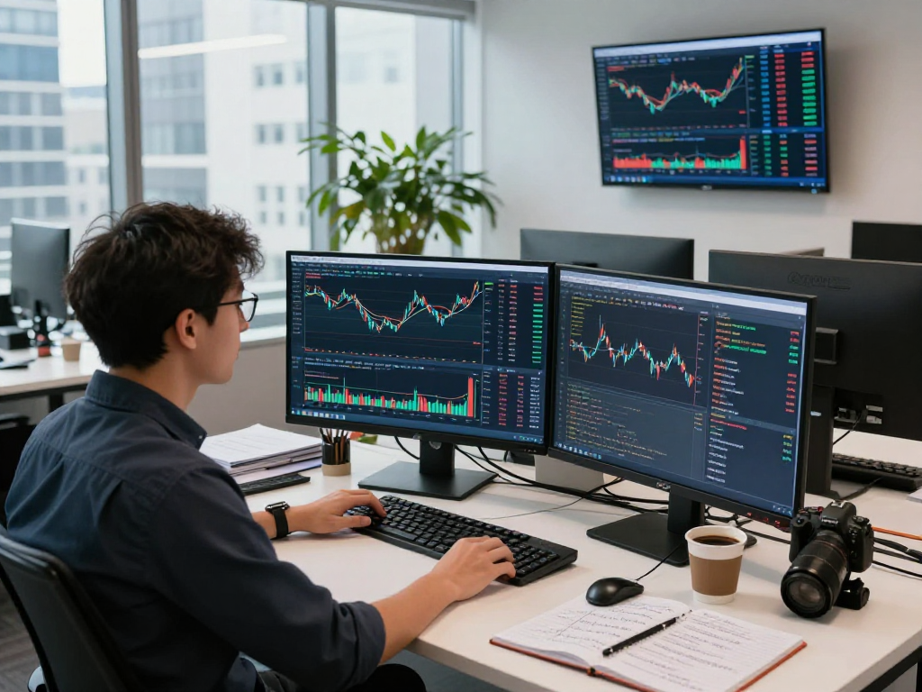 Developer analyzing forex backtesting data in a modern trading office with multiple screens.