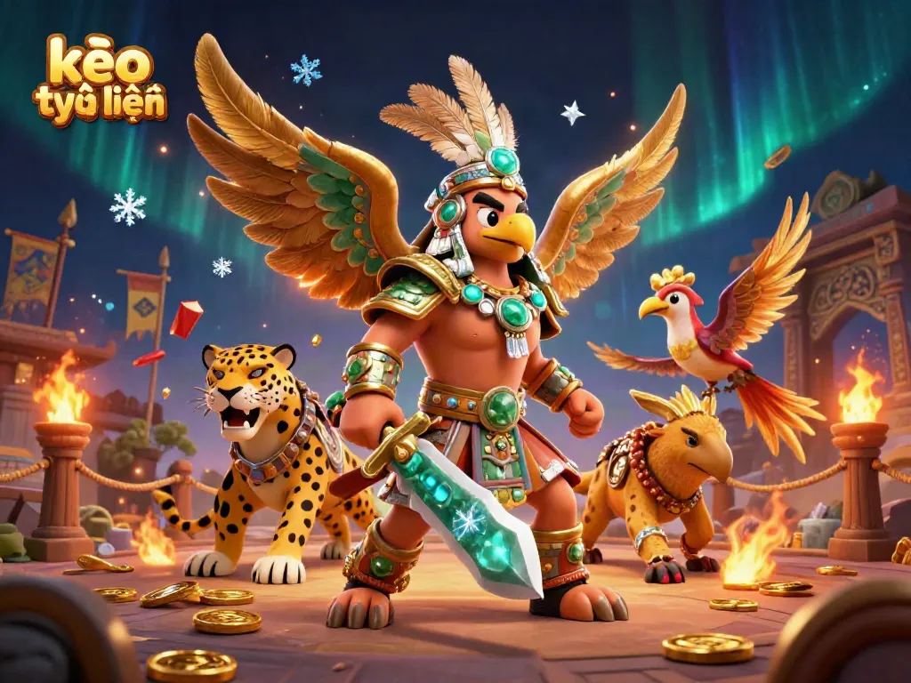 Engage in thrilling kèo trực tuyến action with Aztec warriors amidst a vibrant casino scene.