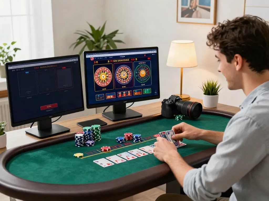 Engaged player enjoying a bonus sans depot casino at a live dealer blackjack table in a modern home office.