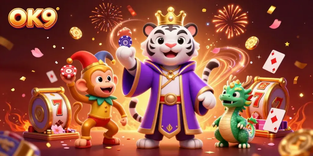 Experience exciting gaming at OK9, where a royal tiger, playful monkey, and jade dragon celebrate legendary wins.