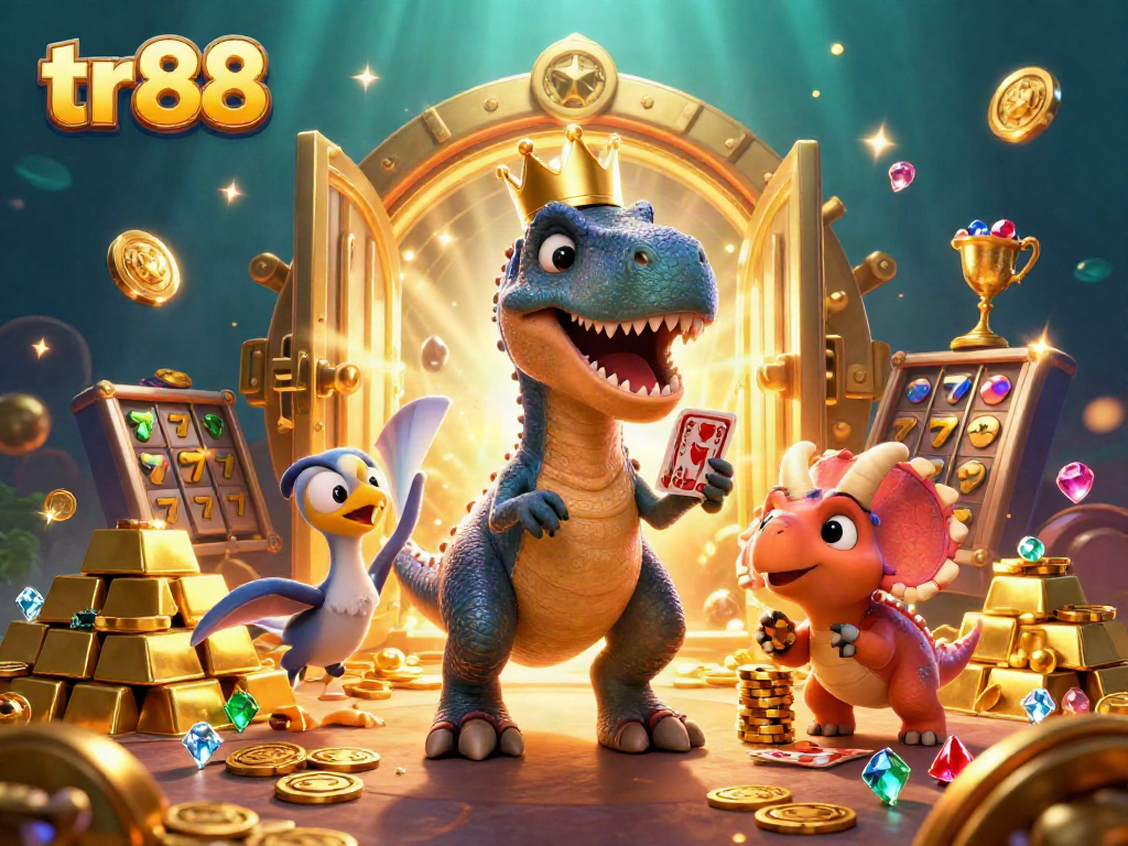 Experience thrilling slots action with tr88's vibrant casino-themed illustration featuring whimsical characters.