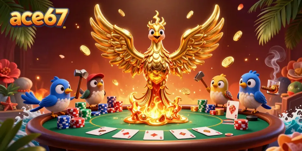 Witness the golden phoenix of ace67 rise among colorful poker chips and dramatic casino elements.