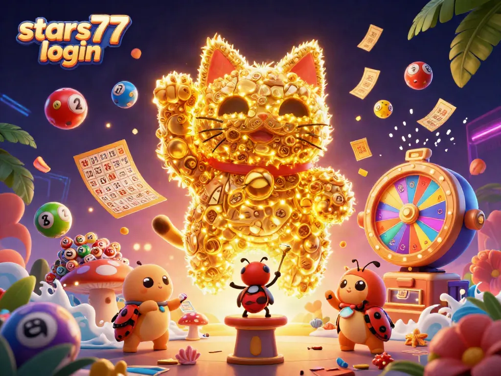 Masuk ke permainan menarik dengan stars77 login, dikelilingi oleh simbol keberuntungan dan bola lotere yang dinamis.