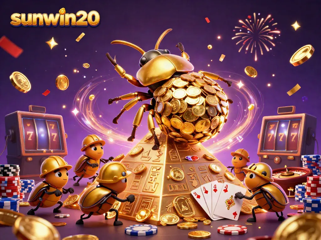 Experience the thrill of sunwin20 with a golden beetle carrying coins, showcasing exciting casino elements.