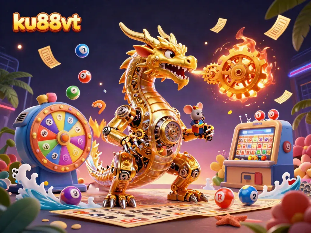 Engage with the fun at ku88vt featuring a golden dragon amidst dynamic lottery elements and vibrant colors.