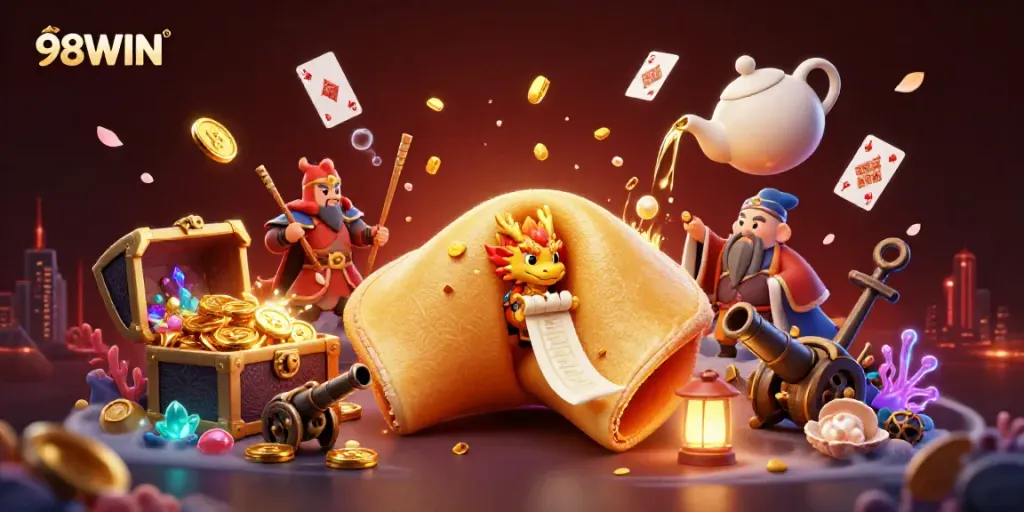 Engage with thrilling gaming adventures at 98WIN, featuring a vibrant 3D scene of dynamic casino elements.