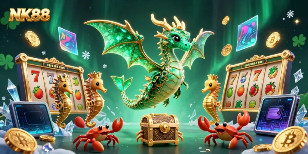 Engage with NK88's dynamic treasure scene featuring a cartoon sea dragon, vibrant slot elements, and crypto coins.