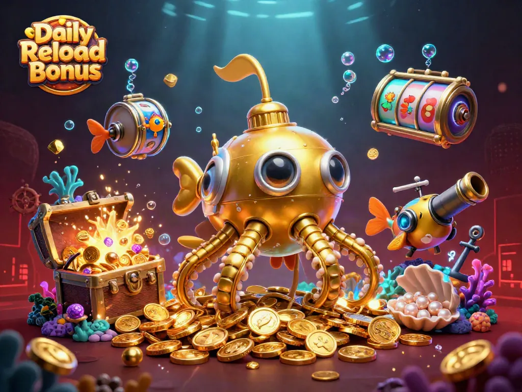 Engage with the Daily Reload Bonus through the energetic underwater scene featuring a golden kraken and treasures.
