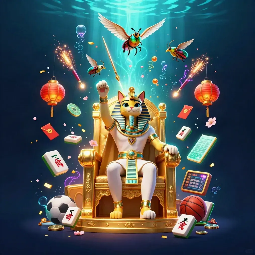 Pharaoh cat throne scene with ibis scribe, scarabs, casino symbols, and glowing underwater gold light