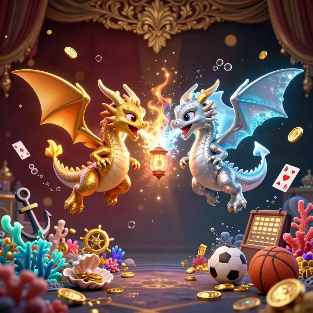 Gold and silver dragons yin-yang above treasure cove with coins, coral, cards, ball, and glowing scoreboard.