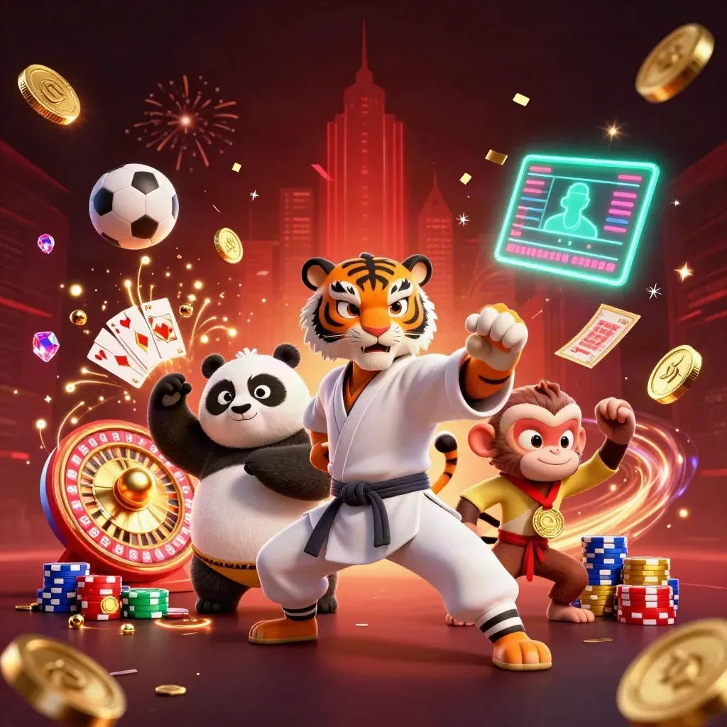 Tiger, panda and monkey amid flying coins, cards, chips and neon casino effects.