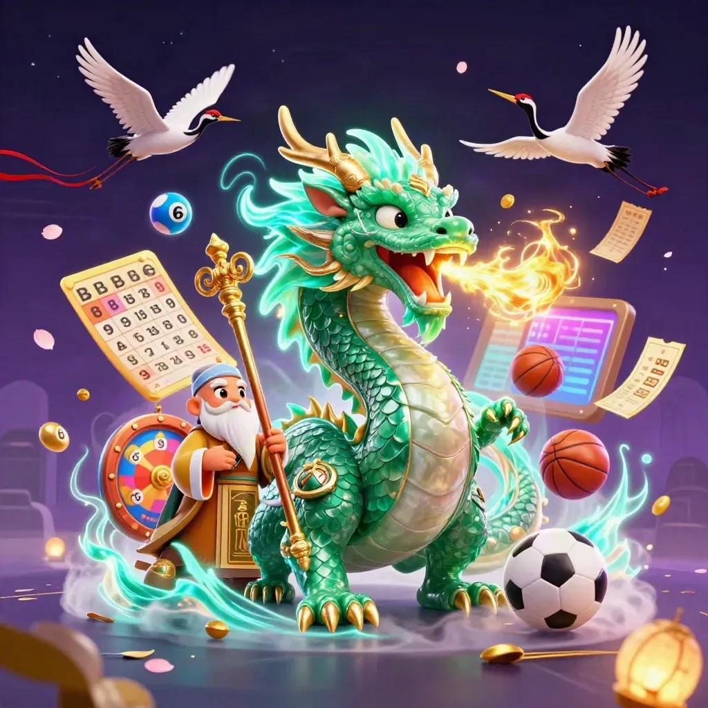 Dragon, turtle sage and cranes amid casino-style flying balls, tickets and magical light.