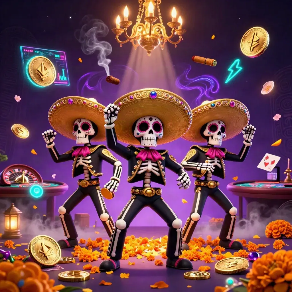 Day-of-the-Dead mariachi skeleton trio amid crypto coins, runes, and casino glamour.
