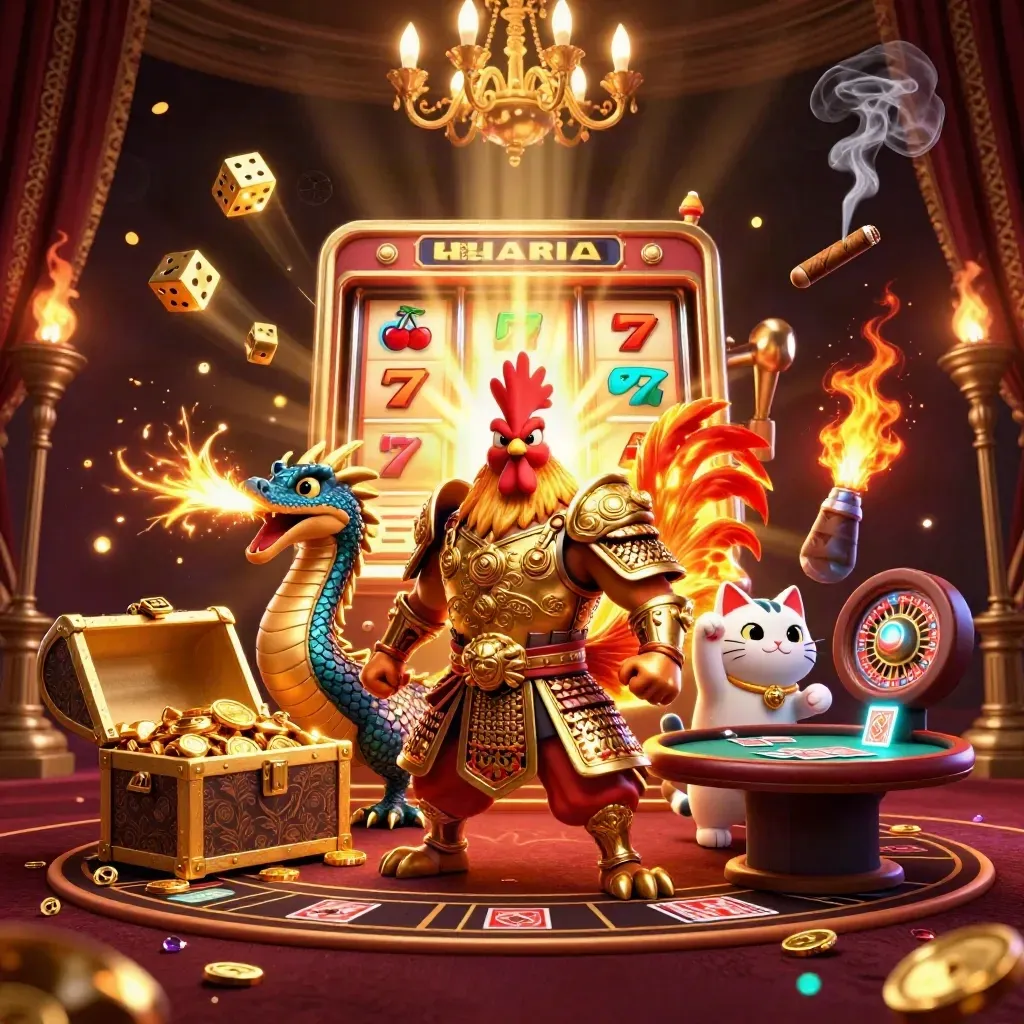 Rooster warrior, dragon hatchling and fortune cat amid slot reels, gold dice and casino luxury.