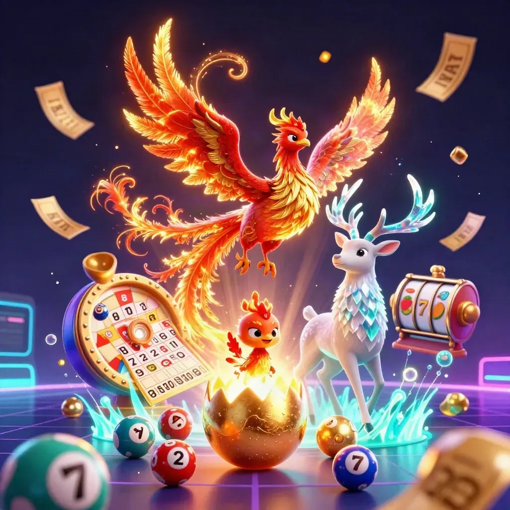 Fire phoenix, hatching baby phoenix, and crystal stag in teal-gold casino fantasy chaos