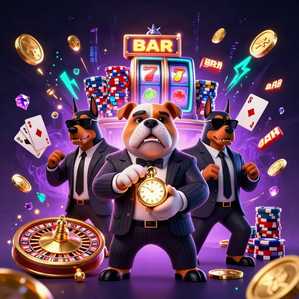 Mafia bulldog with two Dobermans amid gold coins, roulette wheel, chips, gems, and neon energy.