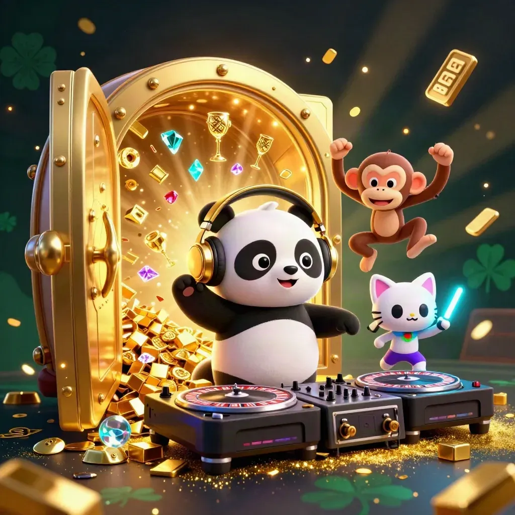 DJ panda, monkey, and glow-stick kitten burst from a golden vault with gems and light.