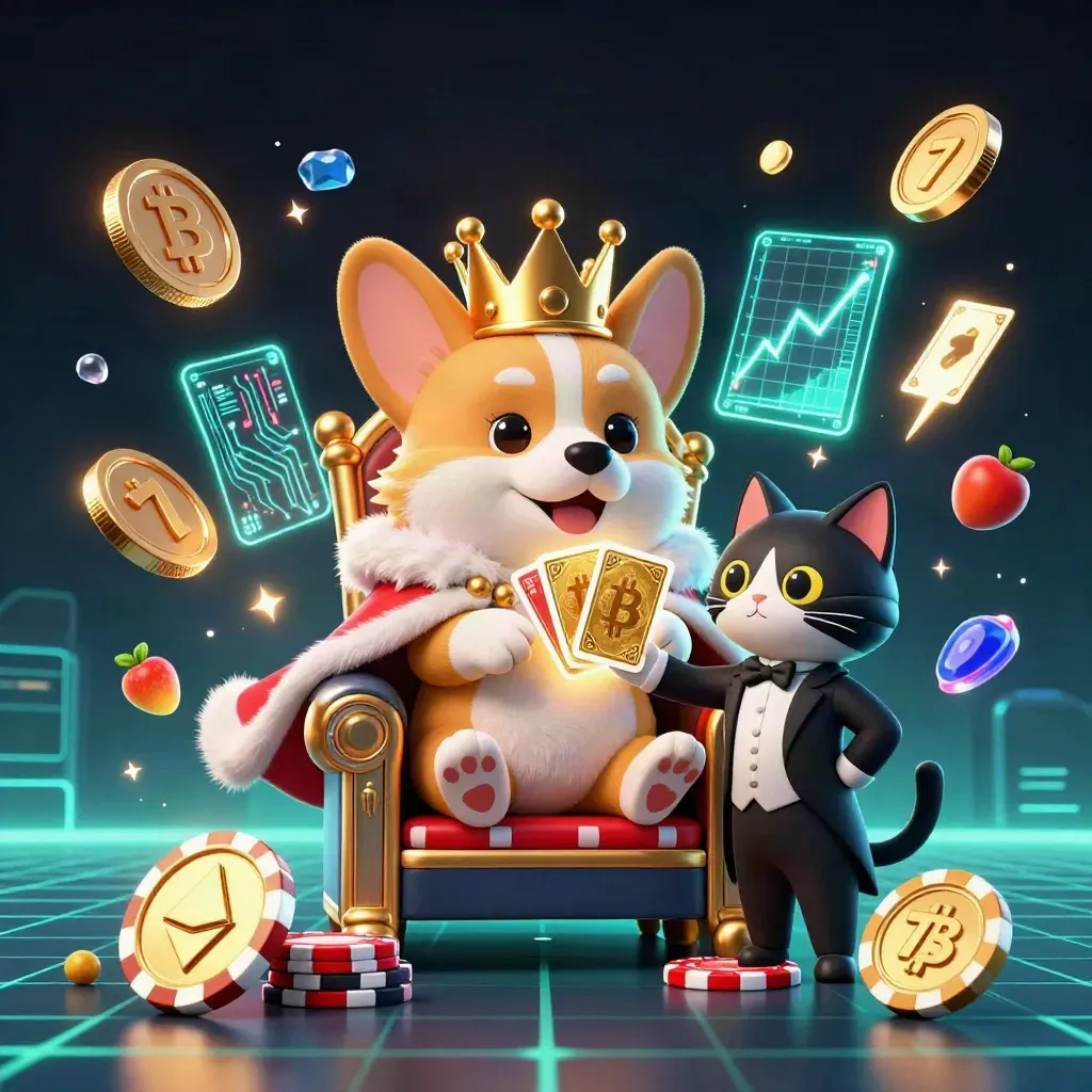 Crowned corgi and cat butler amid gold chips, neon crypto coins, and premium casino energy.