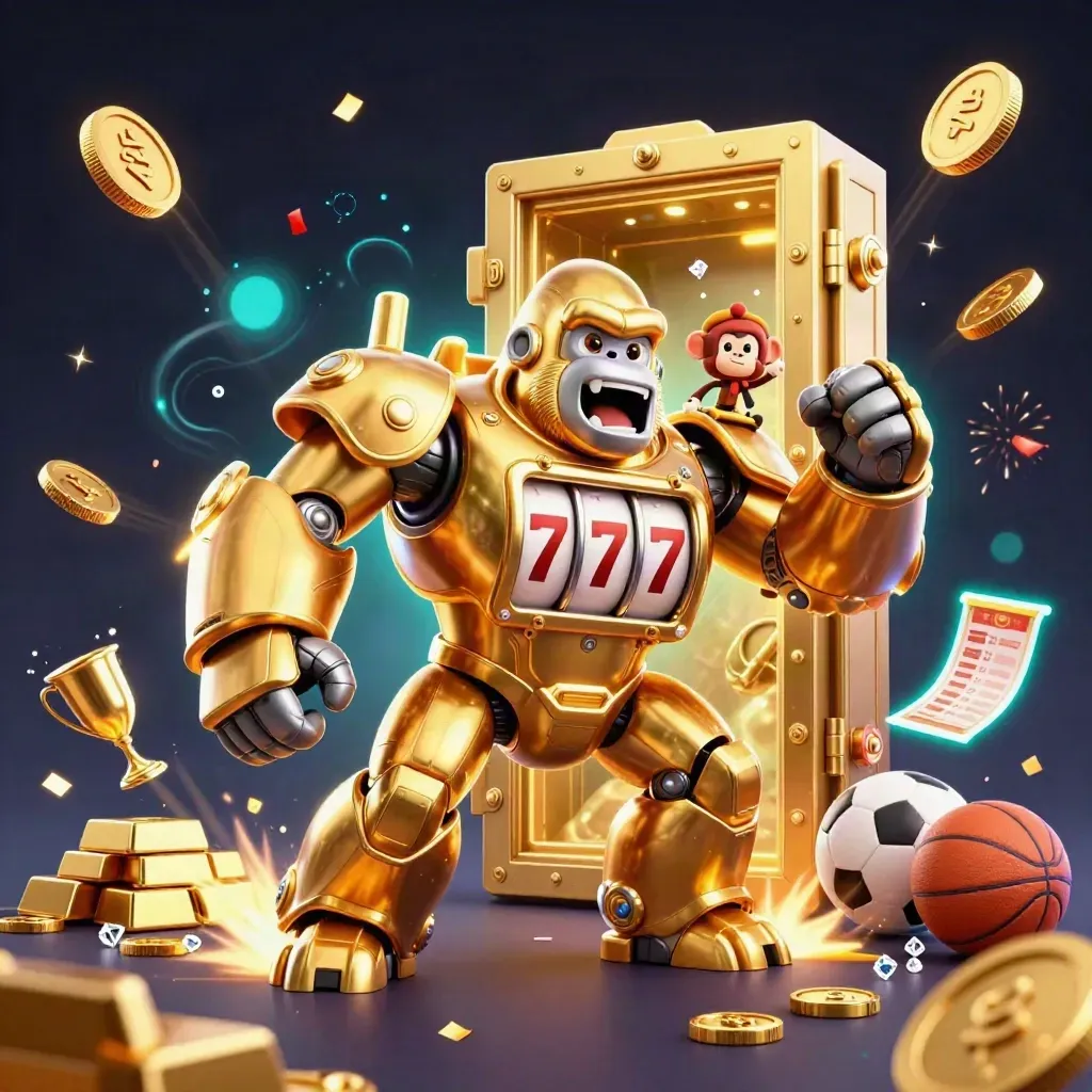 Golden gorilla mech and monkey pilot burst from a vault amid coins, gems, fireworks, sports props.