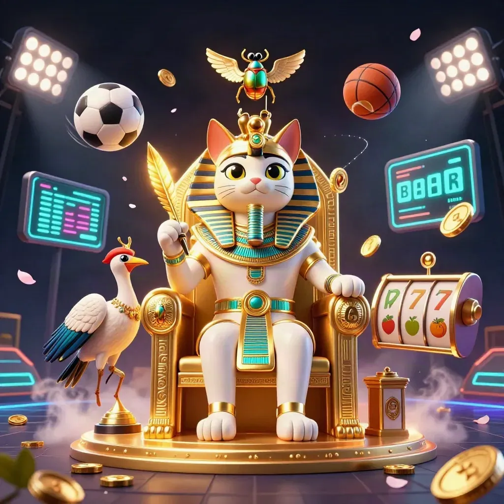 Pharaoh cat on throne with ibis scribe, scarabs, sports balls, coins and neon teal casino glow.